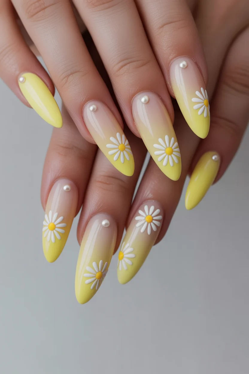 best spring stiletto nails 2026 yellow daisy stiletto manicure
