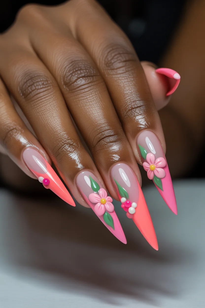 best spring stiletto nails 2026 coral floral stiletto manicure