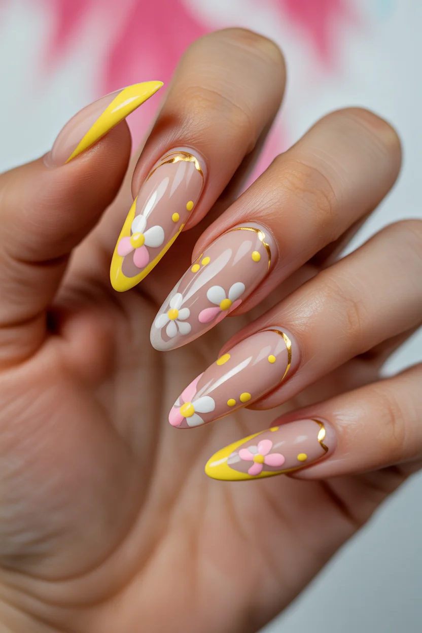 best spring stiletto nails 2026 sunny daisy french stiletto manicure