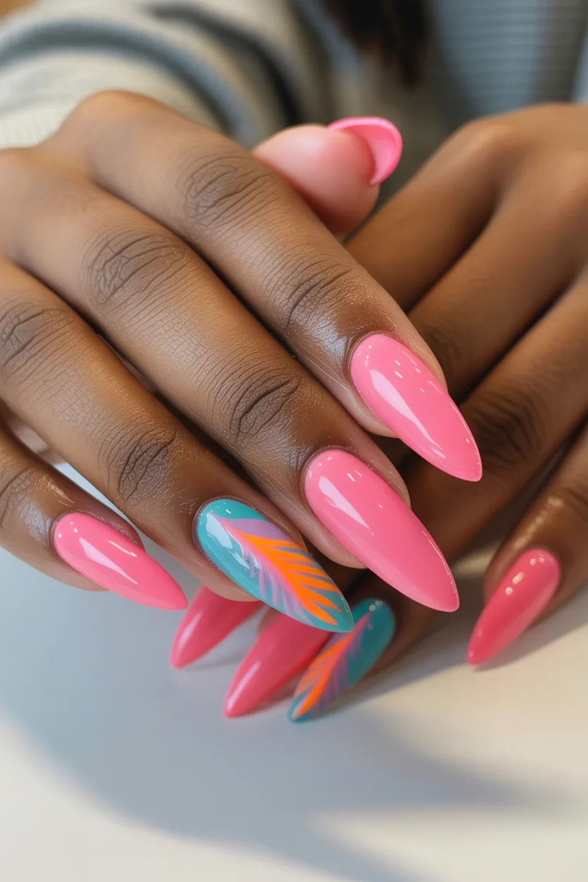 best spring stiletto nails 2026 glossy pink stiletto nails with tropical leaf accent