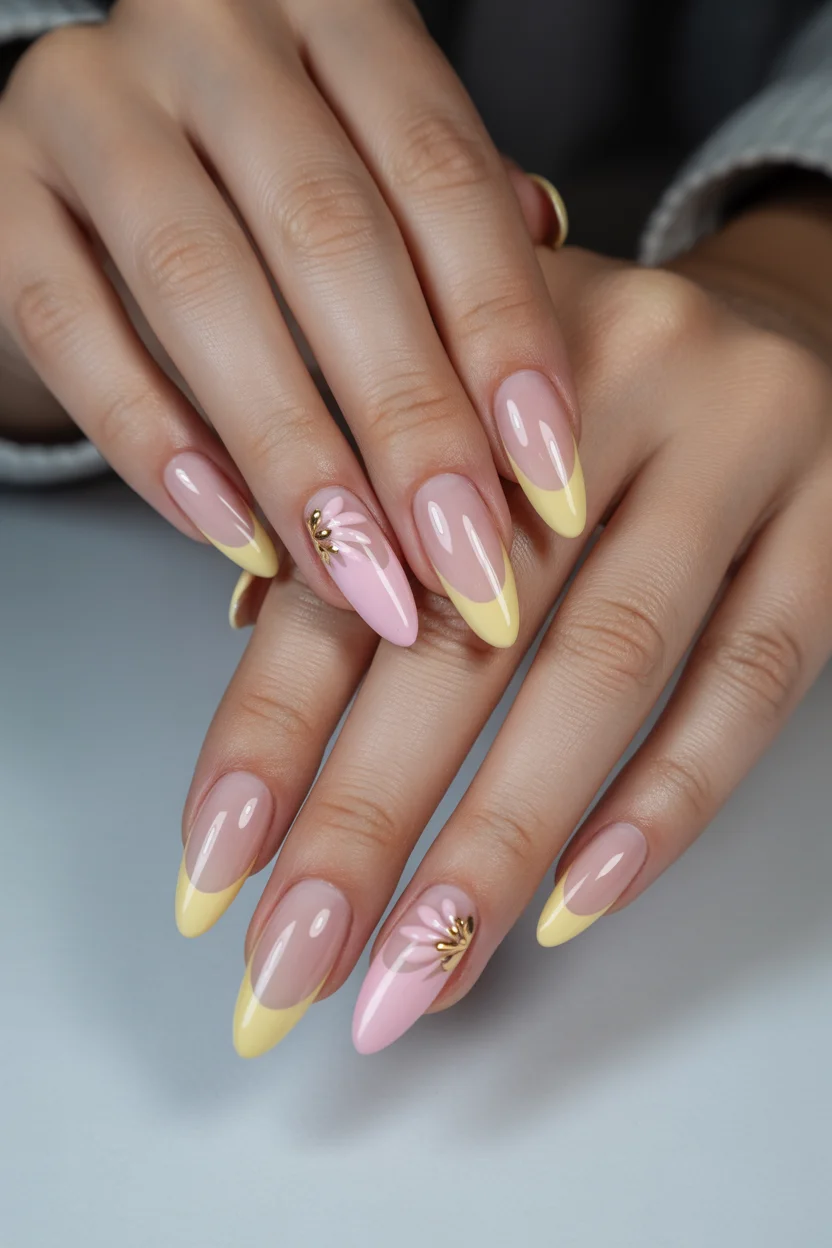 best spring vacation nails 2026 yellow almond french design