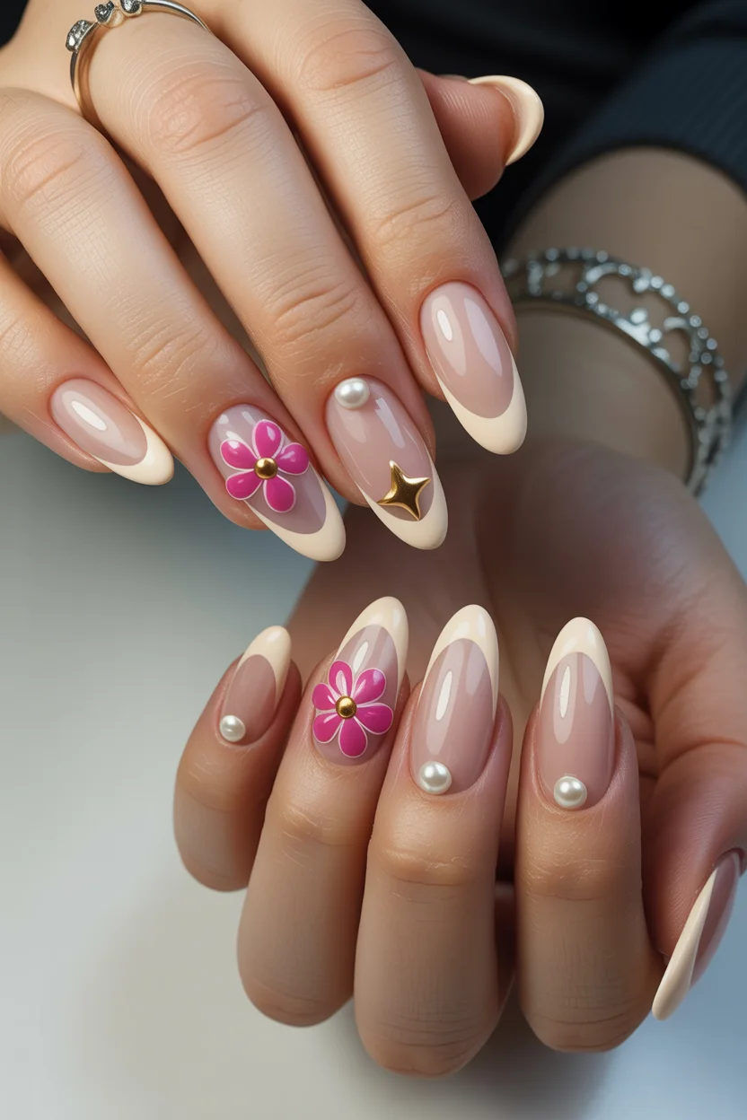 best spring vacation nails 2026 elegant pearl french almond design