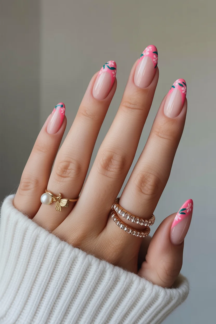 best spring vacation nails 2026 pink floral almond design