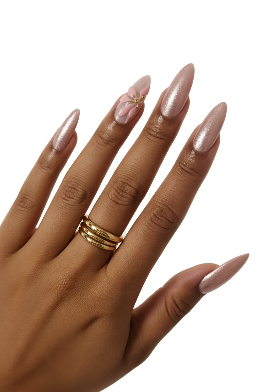 best spring vacation nails 2026 shimmering nude almond design