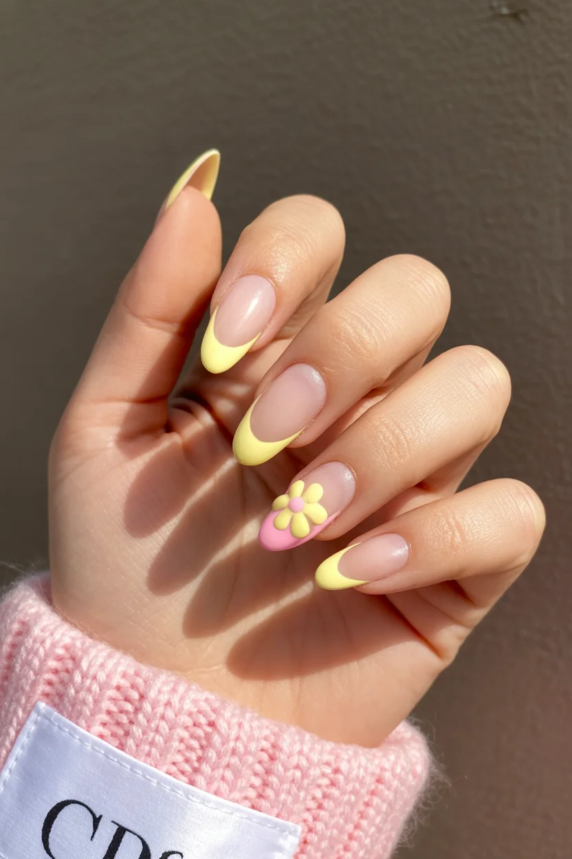 best spring vacation nails 2026 yellow french tip almond