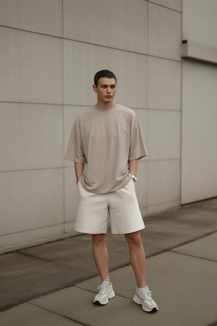 casual summer outfits men 2026 Monochrome Sand Oversized Tee And Cream Shorts Minimalism
