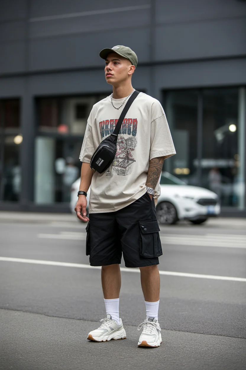 casual summer outfits men 2026 Graphic Tee And Cargo Shorts Elevated Street Mood 12