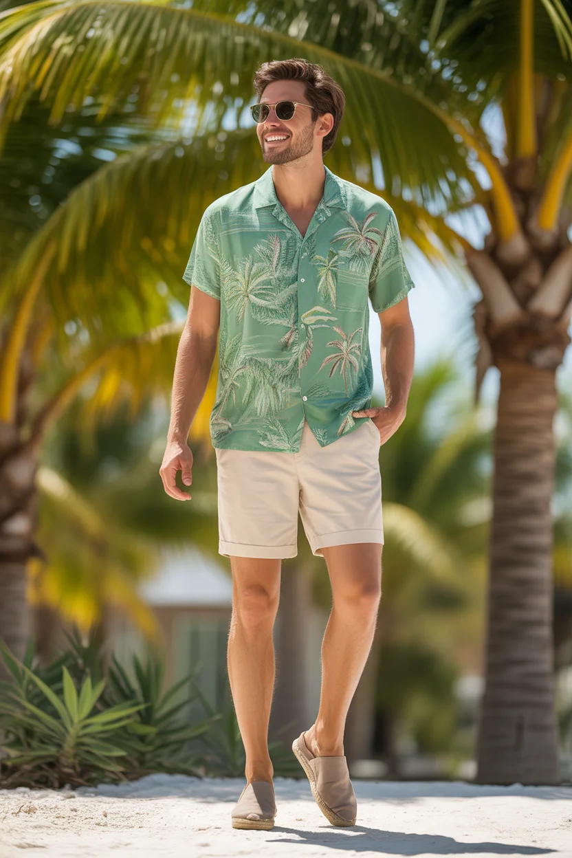 casual summer outfits men 2026 Green Tropical Shirt And Tailored Shorts Resort Energy 13