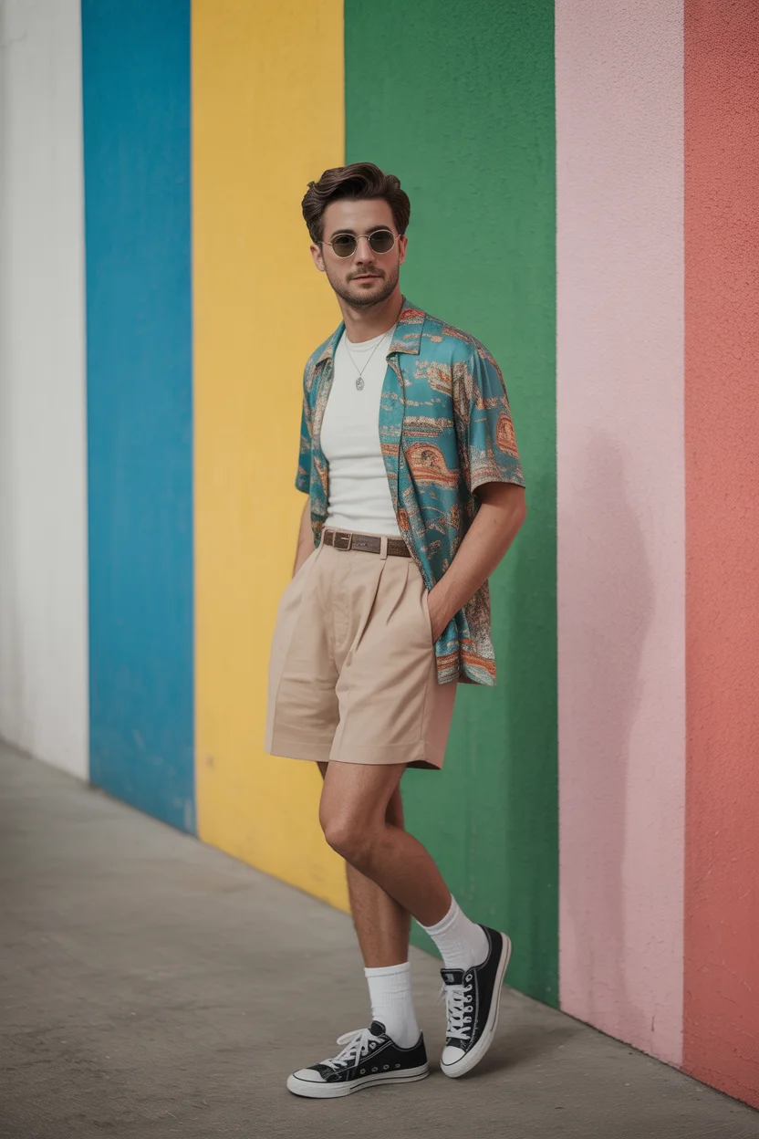 casual summer outfits men 2026 Patterned Open Shirt With Pleated Shorts Modern Retro 14