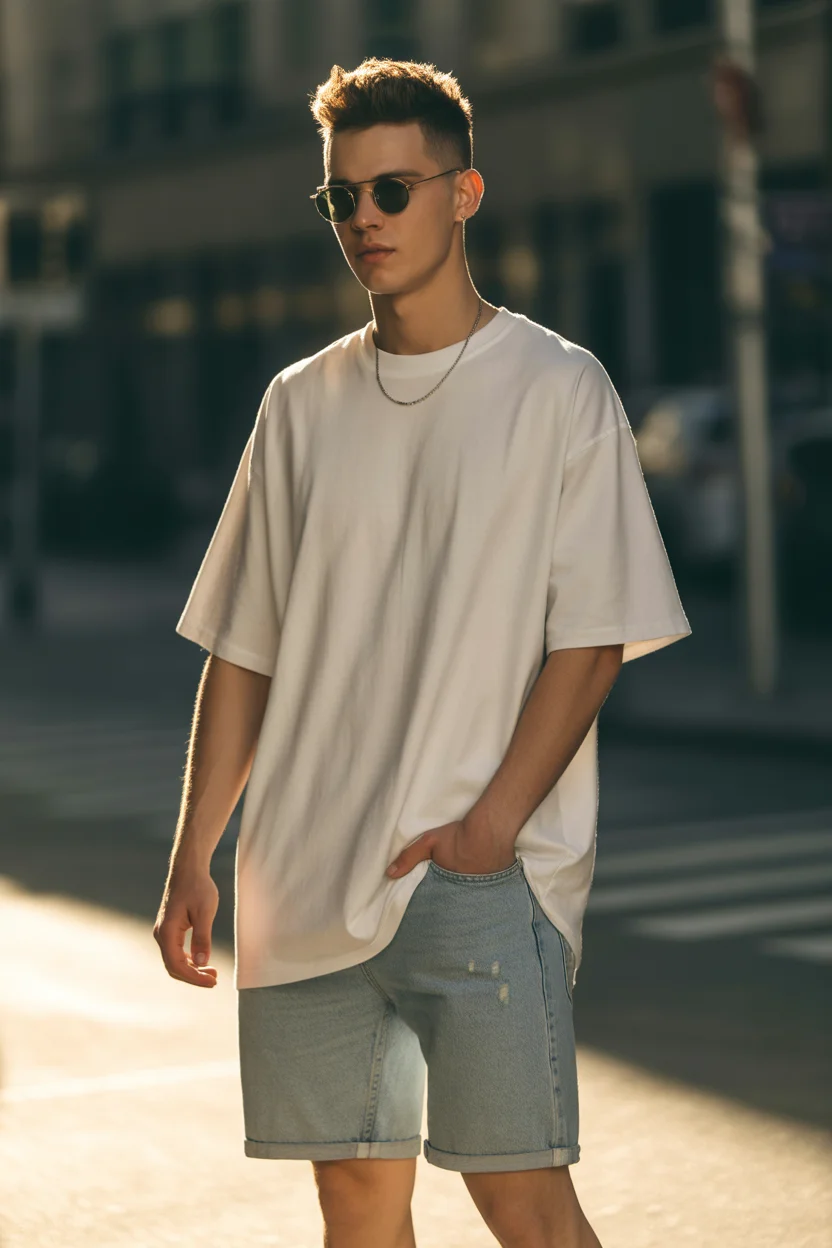 casual summer outfits men 2026 Oversized Tee And Denim Shorts Street Classic 17