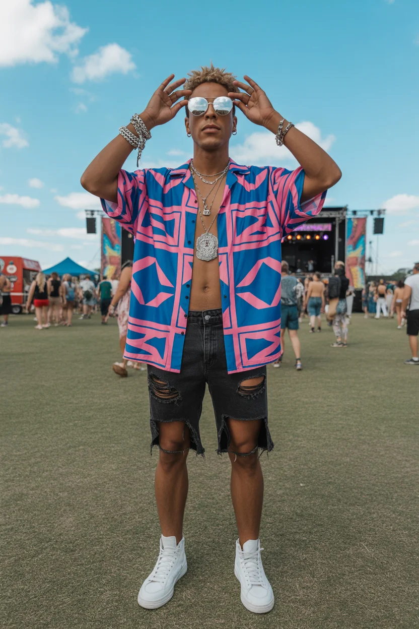 casual summer outfits men 2026 Festival Statement Shirt And Distressed Denim Bold Energy 19