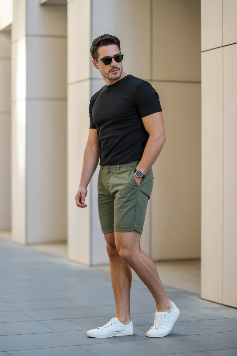 casual summer outfits men 2026 Minimal Black Tee And Tailored Olive Shorts Energy