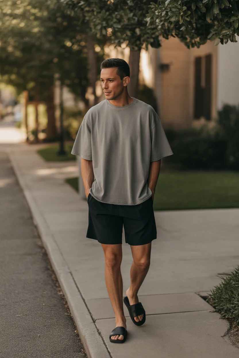 casual summer outfits men 2026 Relaxed Oversized Tee And Modern Streetwear Shorts