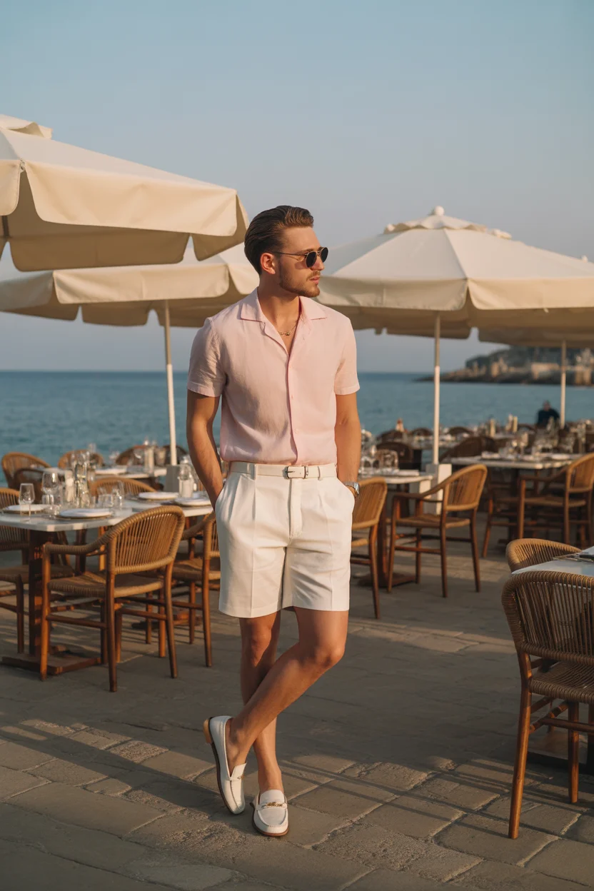 casual summer outfits men 2026 Soft Pink Short Sleeve Shirt With Tailored Ivory Shorts