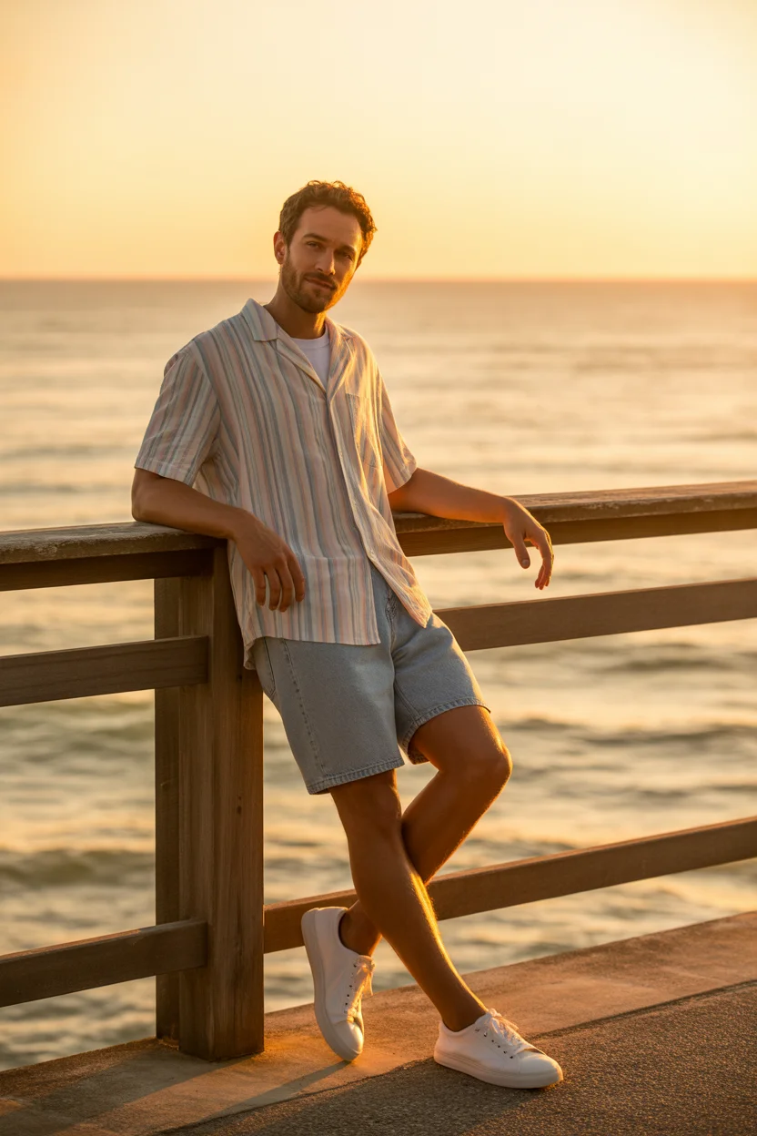 casual summer outfits men 2026 Striped Short Sleeve Shirt And Light Denim Weekend Ease