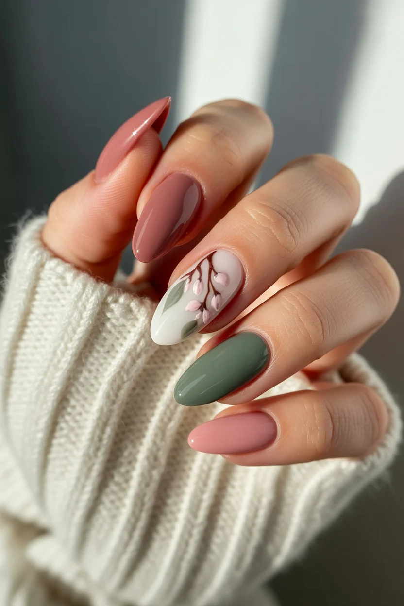 elegant spring floral nails 2026 dusty rose and sage almond bloom