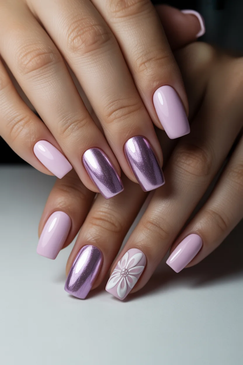 best spring nails square ideas 2026 lavender chrome and soft pink elegance