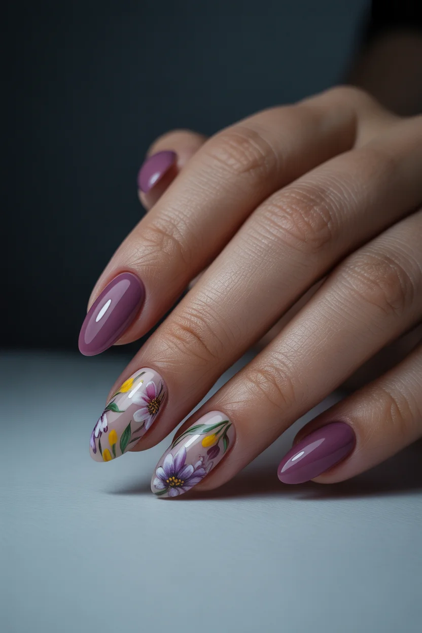 elegant spring floral nails 2026 mauve oval with delicate purple florals