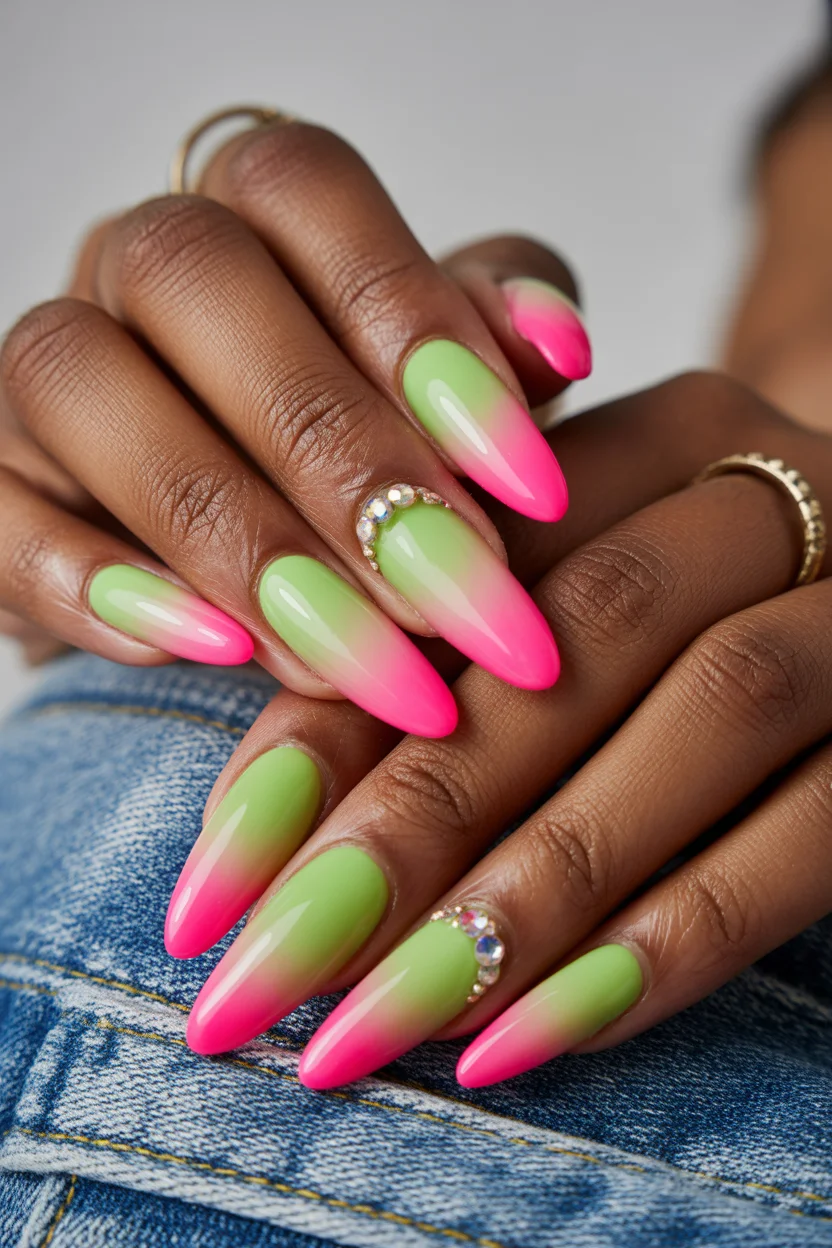 chic spring long nails for 2026 neon lime and pink ombre drama