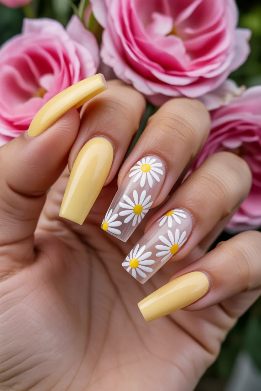 chic spring long nails for 2026 butter yellow daisy square 10