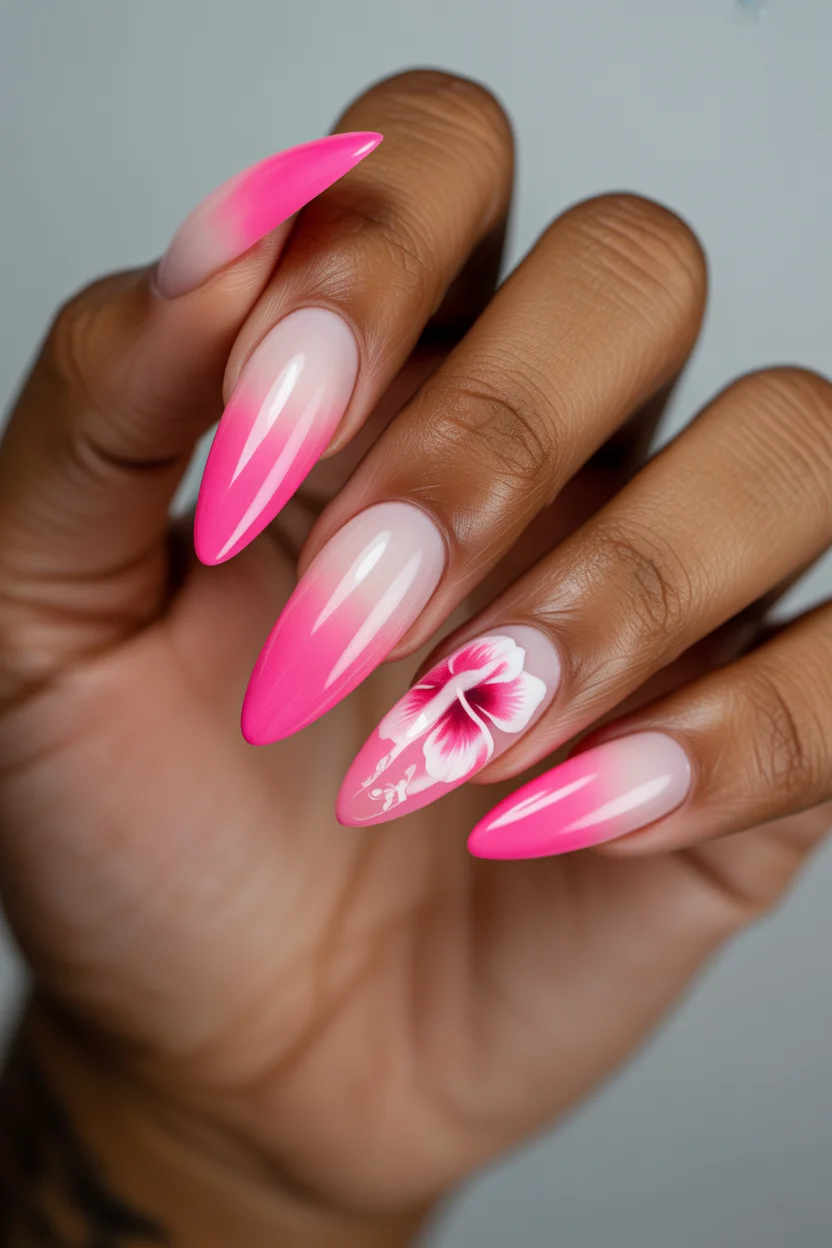 chic spring long nails for 2026 hot pink ombre blossom 11