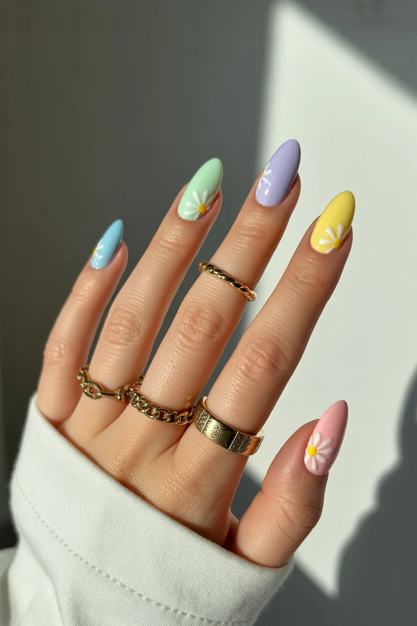 chic spring long nails for 2026 pastel daisy almond mix 16