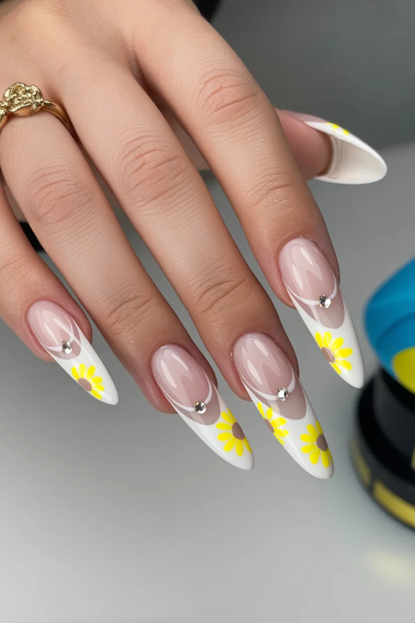 chic spring long nails for 2026 white yellow daisy french 17