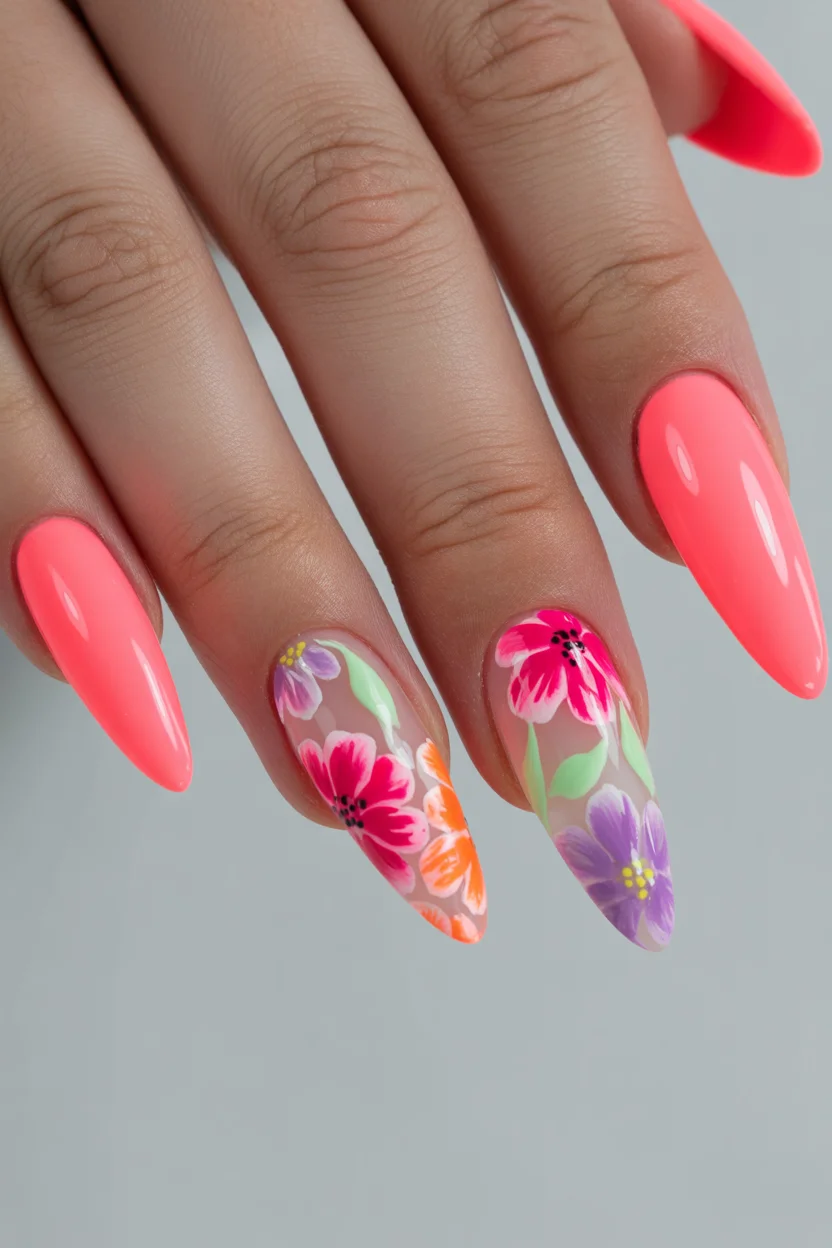 chic spring long nails for 2026 neon coral floral accent 18