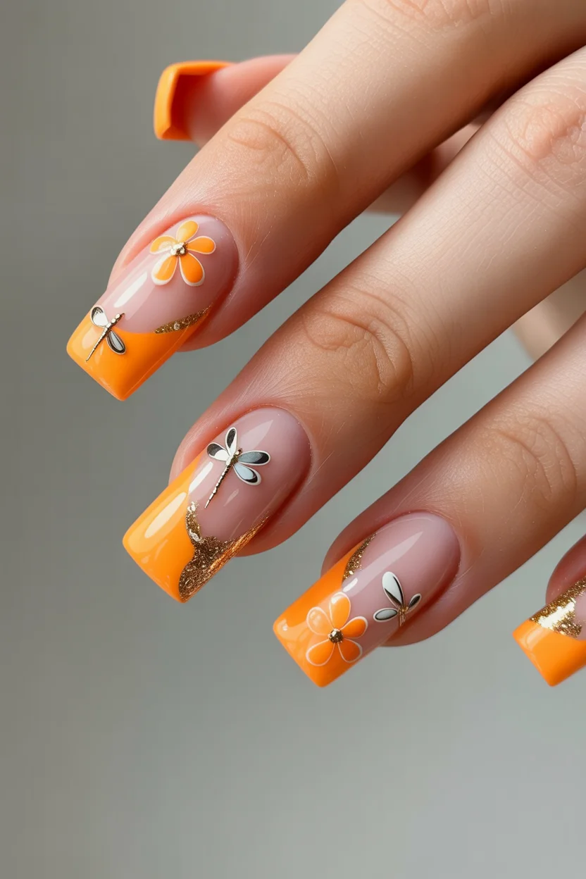 chic spring long nails for 2026 orange square french gold detail 19