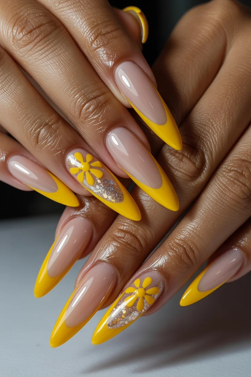 chic spring long nails for 2026 sunny yellow floral french