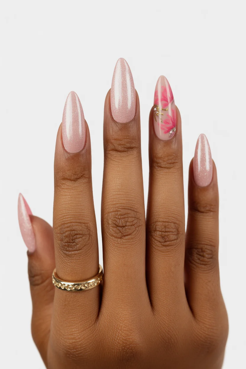 chic spring long nails for 2026 soft blush shimmer floral accent 20