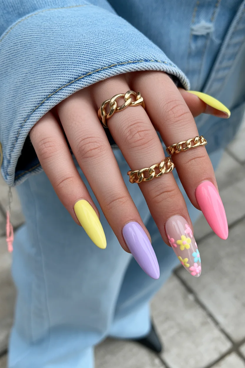 chic spring long nails for 2026 pastel floral mix