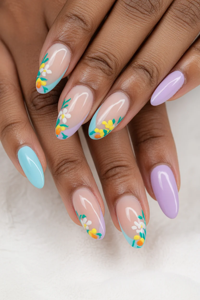 chic spring long nails for 2026 blue and lavender floral corners