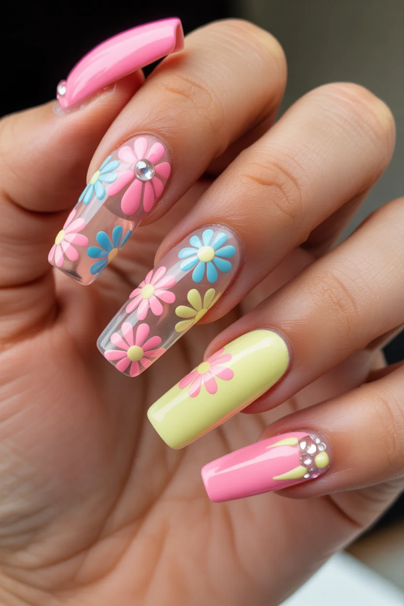 chic spring long nails for 2026 retro clear floral pop 6