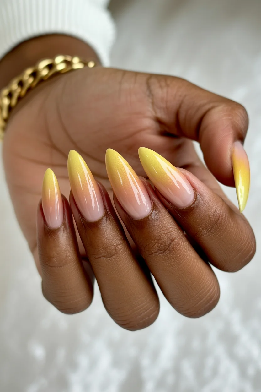 chic spring long nails for 2026 golden lemon ombre 8