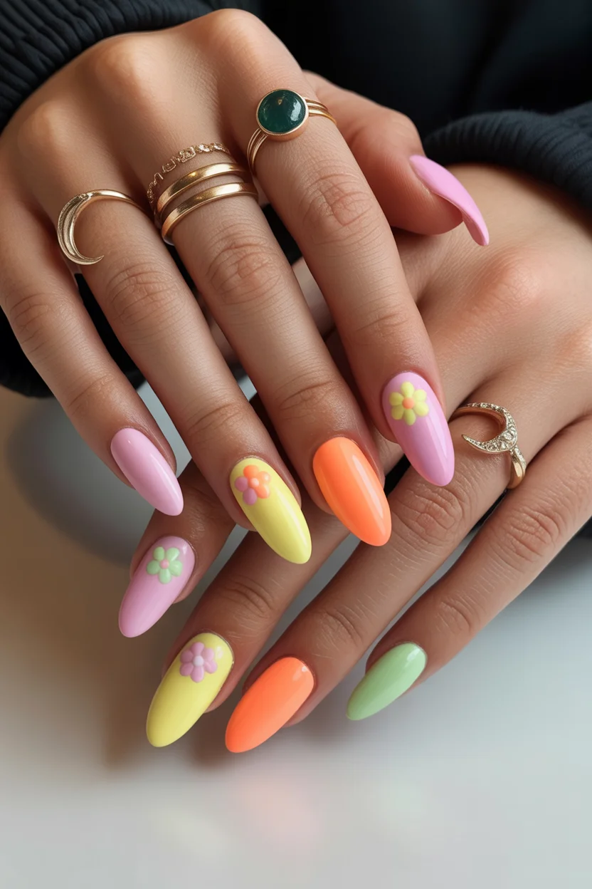 chic spring long nails for 2026 playful multi color daisy 9