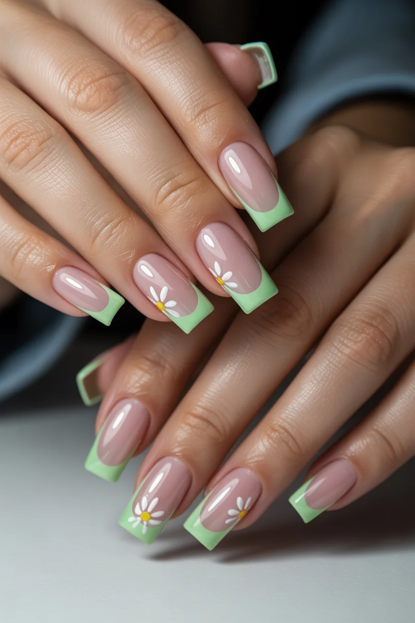best spring nails square ideas 2026 green french tip with tiny daisies