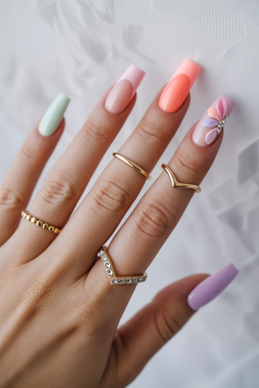 best spring nails square ideas 2026 pastel rainbow square for bold spring mood