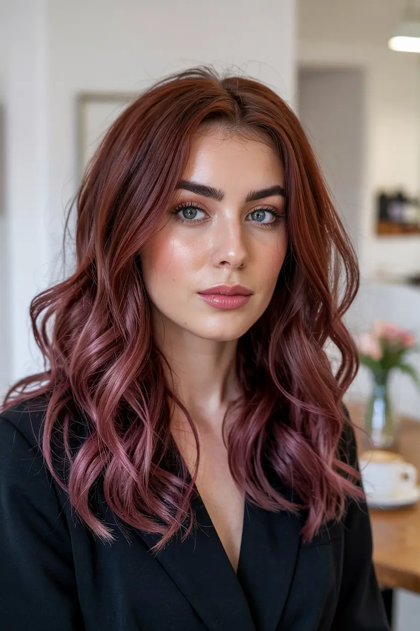cozy spring maroon hair color trends 2026 Soft Cocoa Maroon Waves With Elegant Spring Balance 11