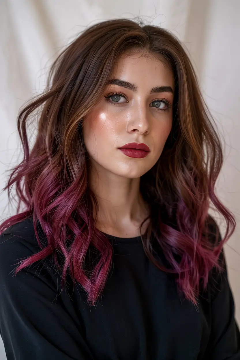 cozy spring maroon hair color trends 2026 Deep Plum Maroon Waves With Dimensional Layers 12