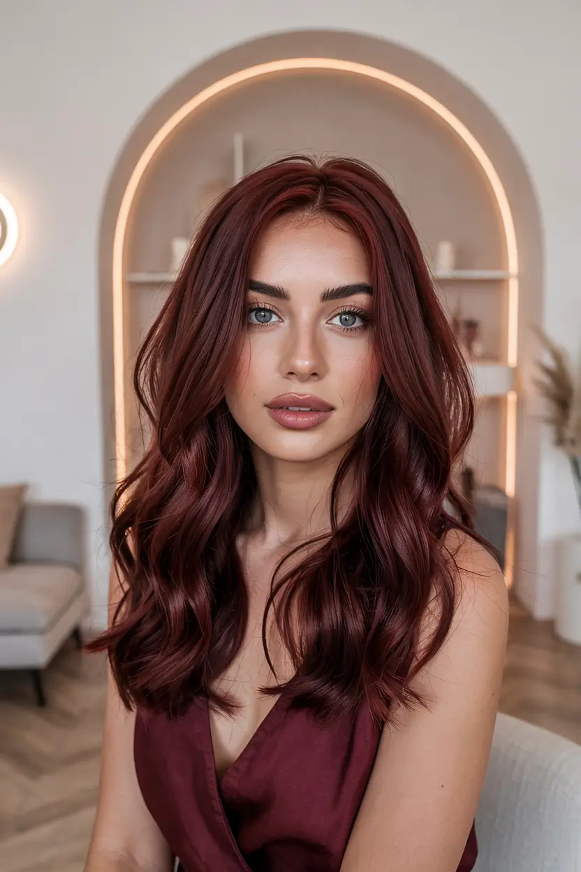 cozy spring maroon hair color trends 2026 Rich Velvet Maroon Waves With Soft Dimensional Shine 16