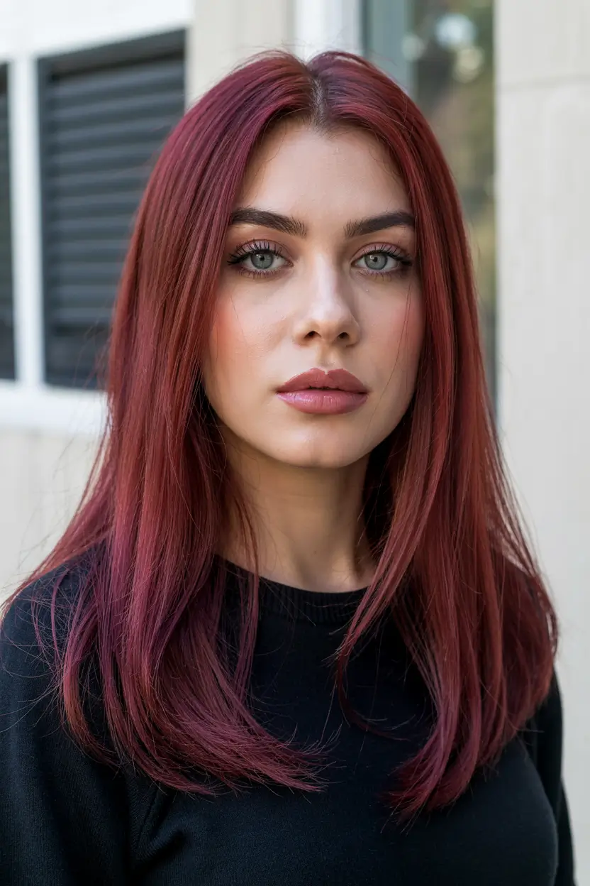 cozy spring maroon hair color trends 2026 Sleek Classic Maroon With Clean Center Part 17