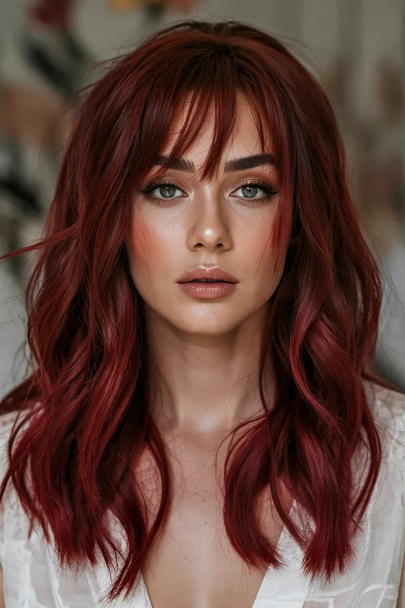 cozy spring maroon hair color trends 2026 Soft Auburn Maroon Layers With Feathered Fringe
