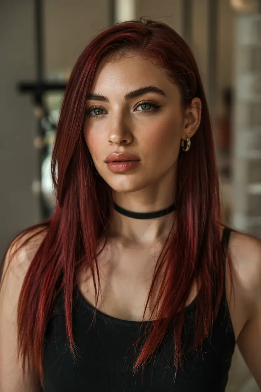 cozy spring maroon hair color trends 2026 Deep Ruby Maroon Straight Style With Modern Edge 20