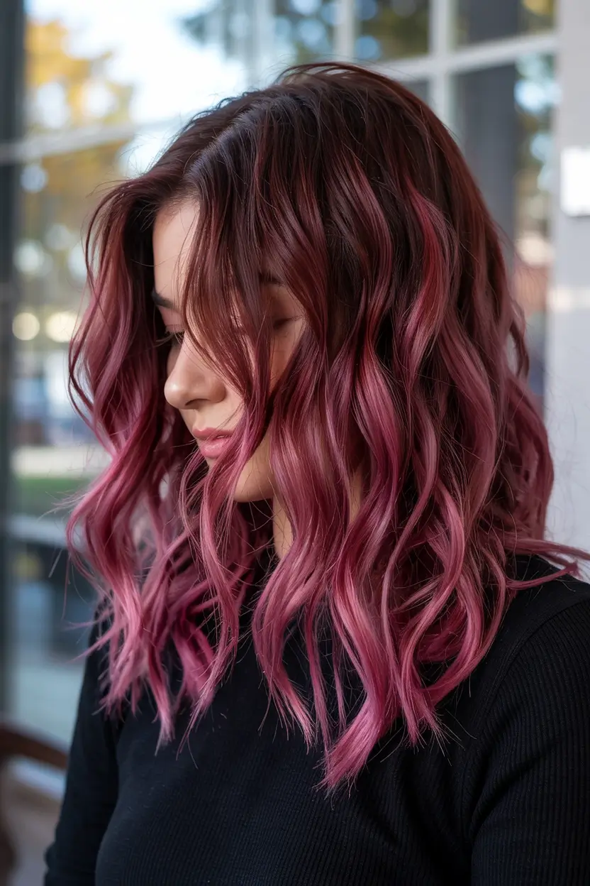 cozy spring maroon hair color trends 2026 Muted Berry Maroon Balayage With Soft Texture