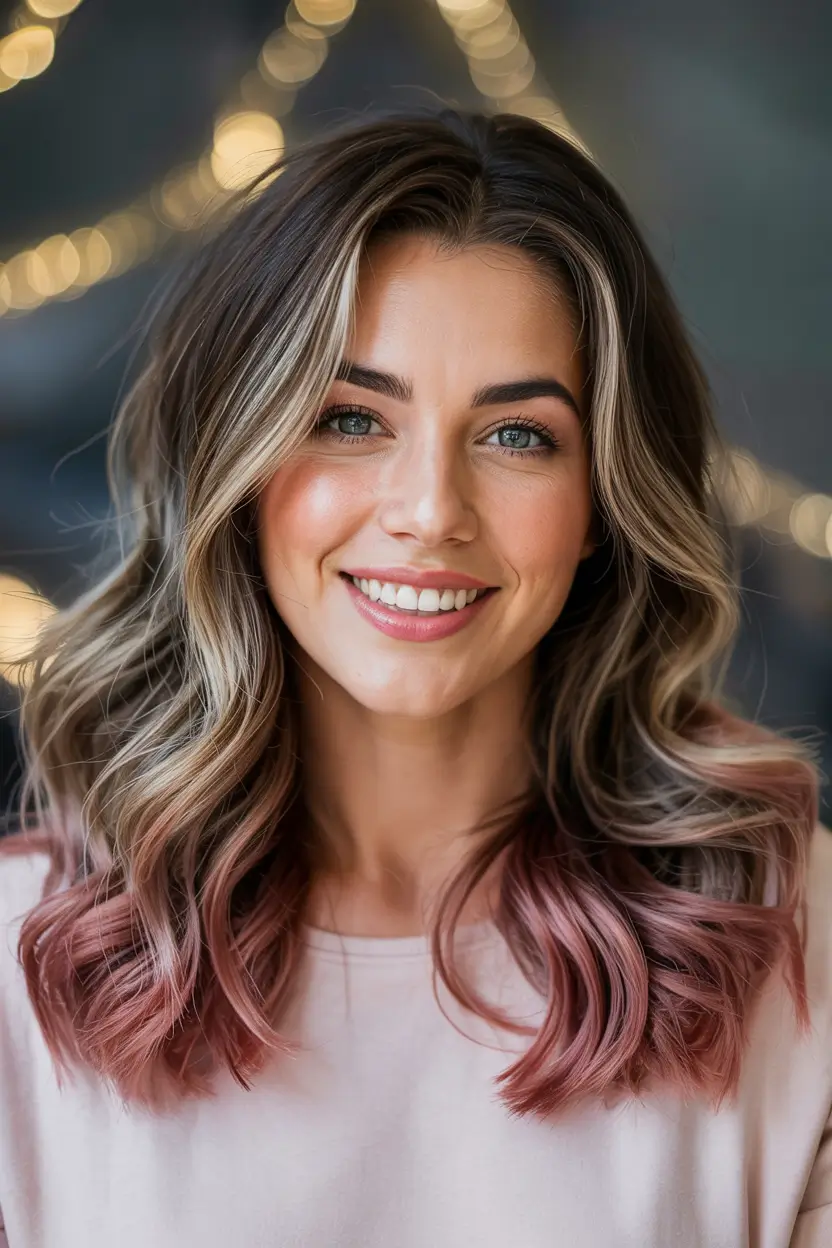 cozy spring maroon hair color trends 2026 Soft Maroon Rose Melt With Bright Spring Highlights 6