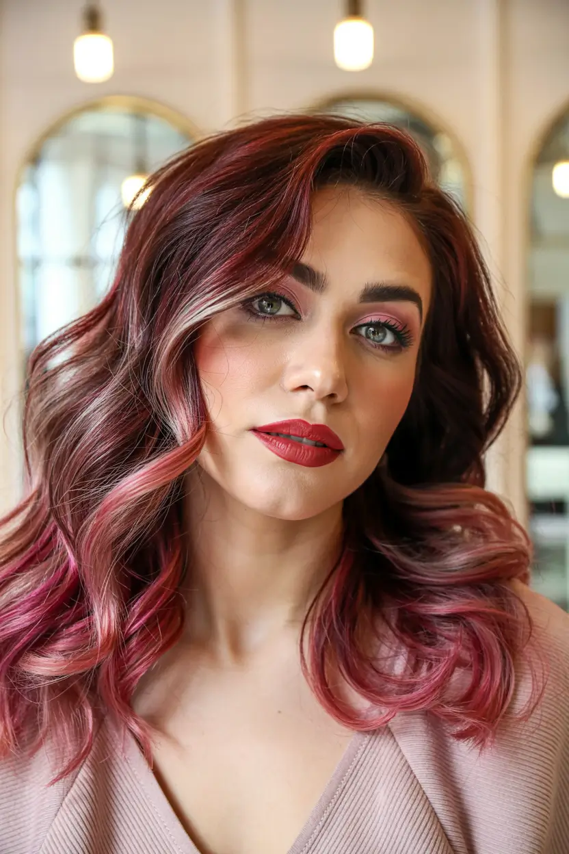 cozy spring maroon hair color trends 2026 Glossy Burgundy Maroon Waves With Elegant Volume 7