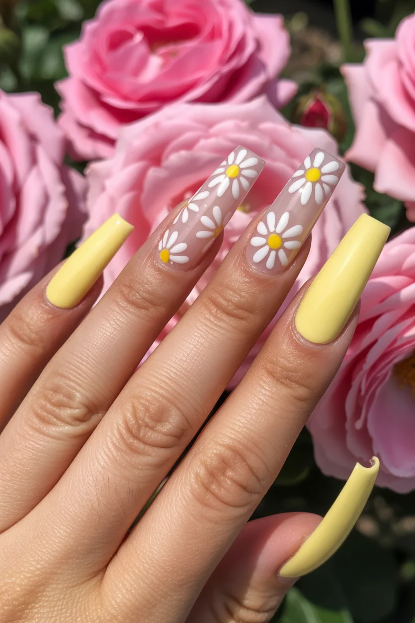 cute spring coffin nails 2026 sunny daisy yellow coffin nails