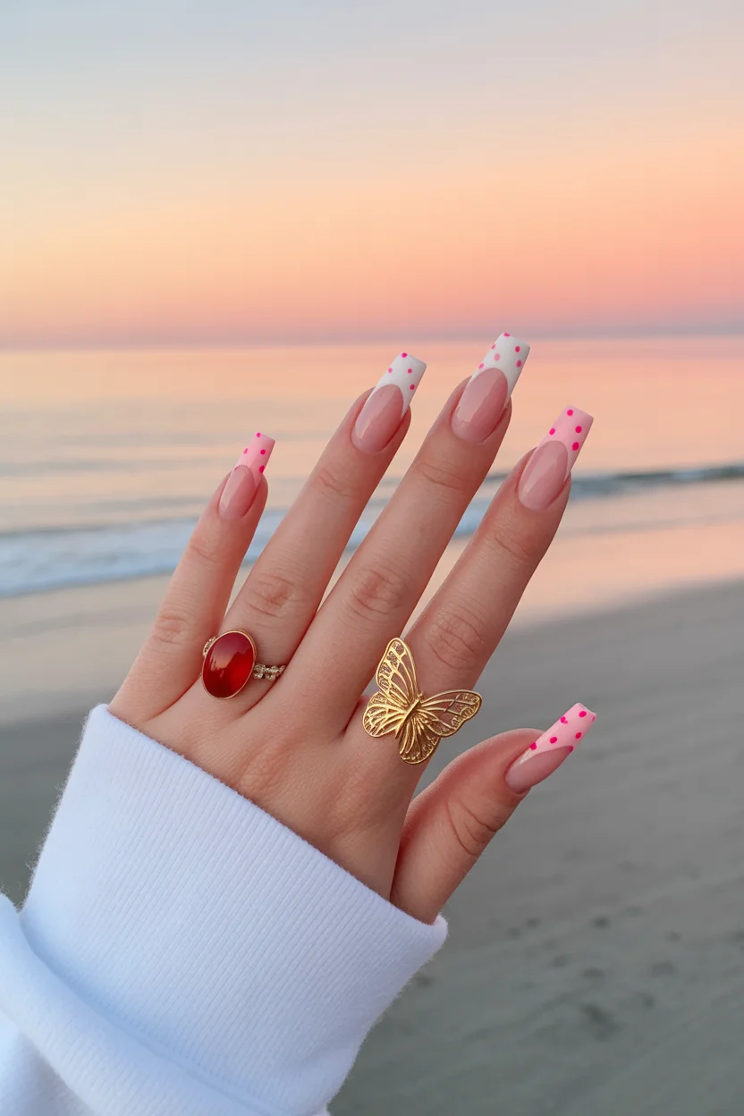 cute spring coffin nails 2026 pink polka dot french tip 11