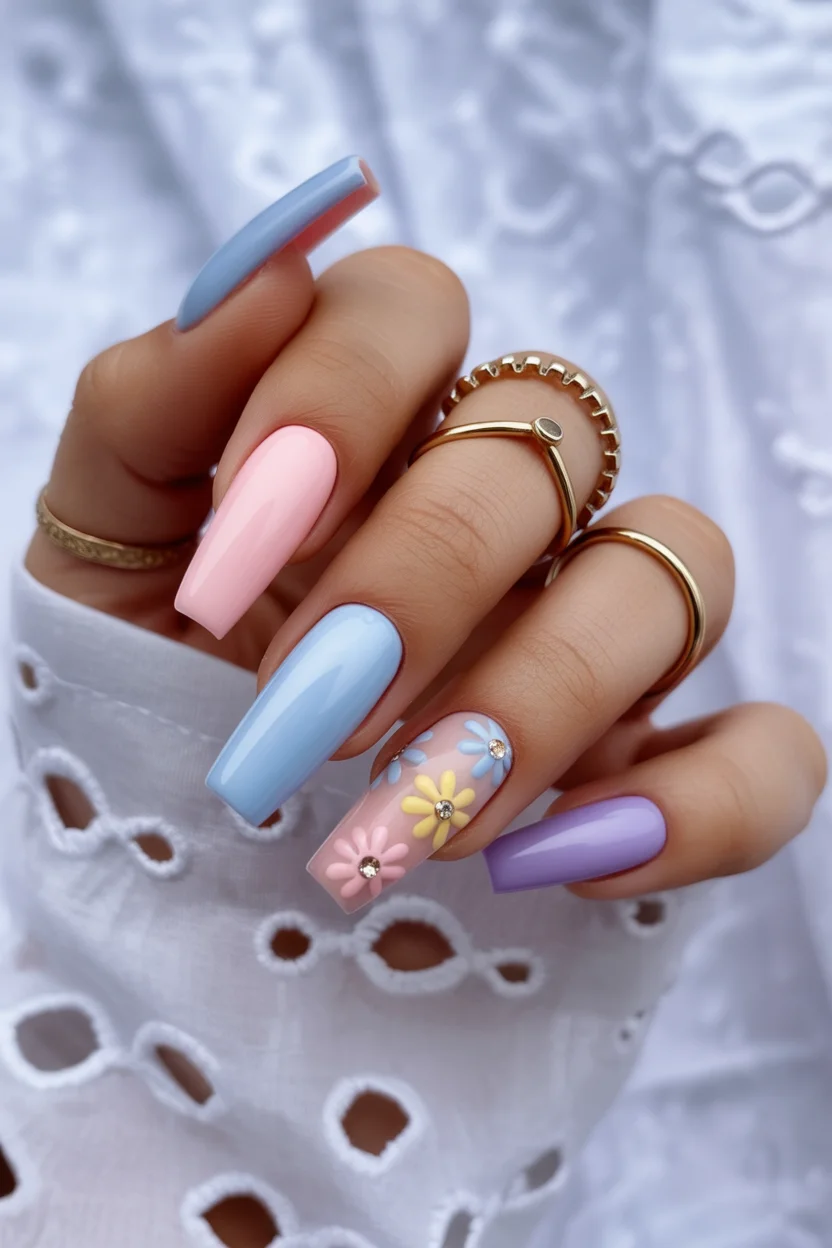 cute spring coffin nails 2026 pastel floral coffin nails 12